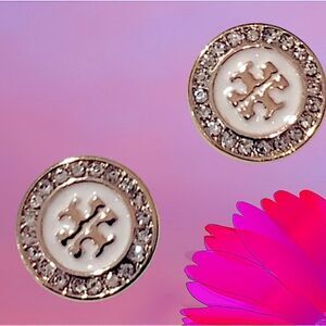 TORY BURCH KIRA LOGO MOTHER OF PEARL STUD EARRINGS